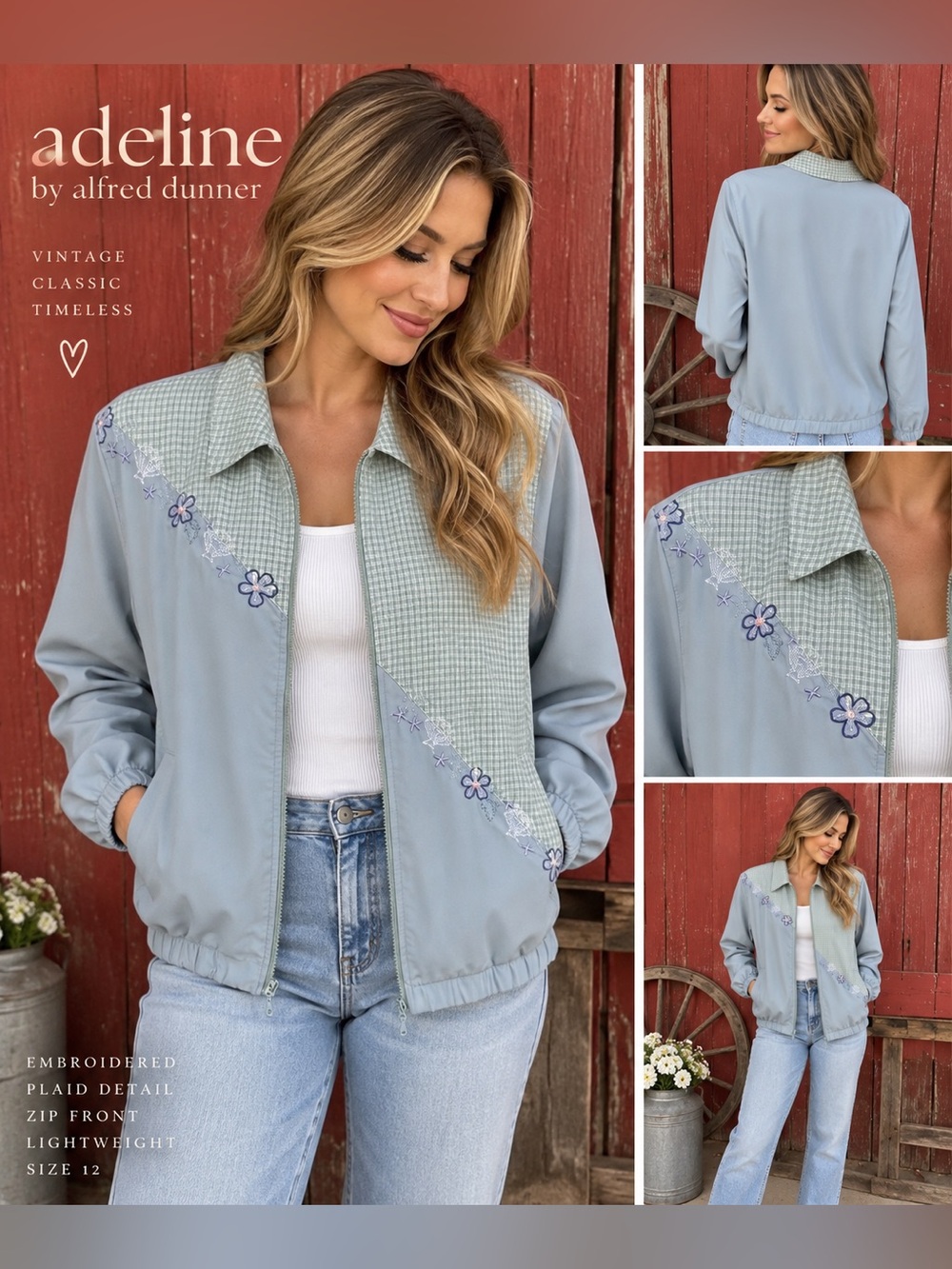 Vintage Adeline by Alfred Dunner Blue Plaid Floral Embroidered Zip Jacket